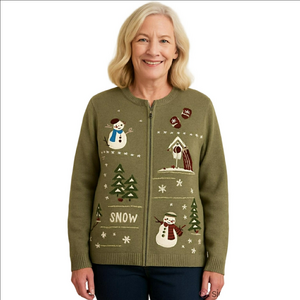 Croft & Barrow Snowman Zip Front Cardigan Winter Snowflake Wool Angora Large